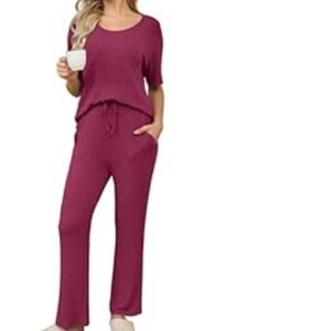 NWT Amazon 2 Piece Maroon Ribbed Pant And Top Set With Pockets Womens X-Large